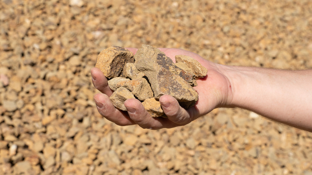 Gold 3/4 inch decorative rock, handful showing size